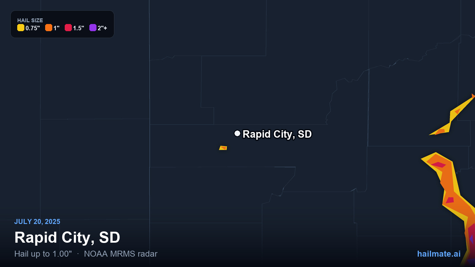 Hail swath map for Rapid City, SD on July 20, 2025 showing 1.00 inch hail.