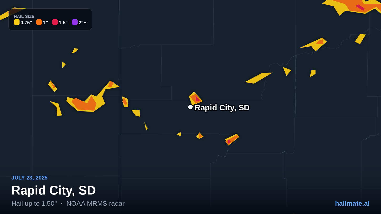 Hail swath map for Rapid City, SD on July 23, 2025 showing 1.50 inch hail.