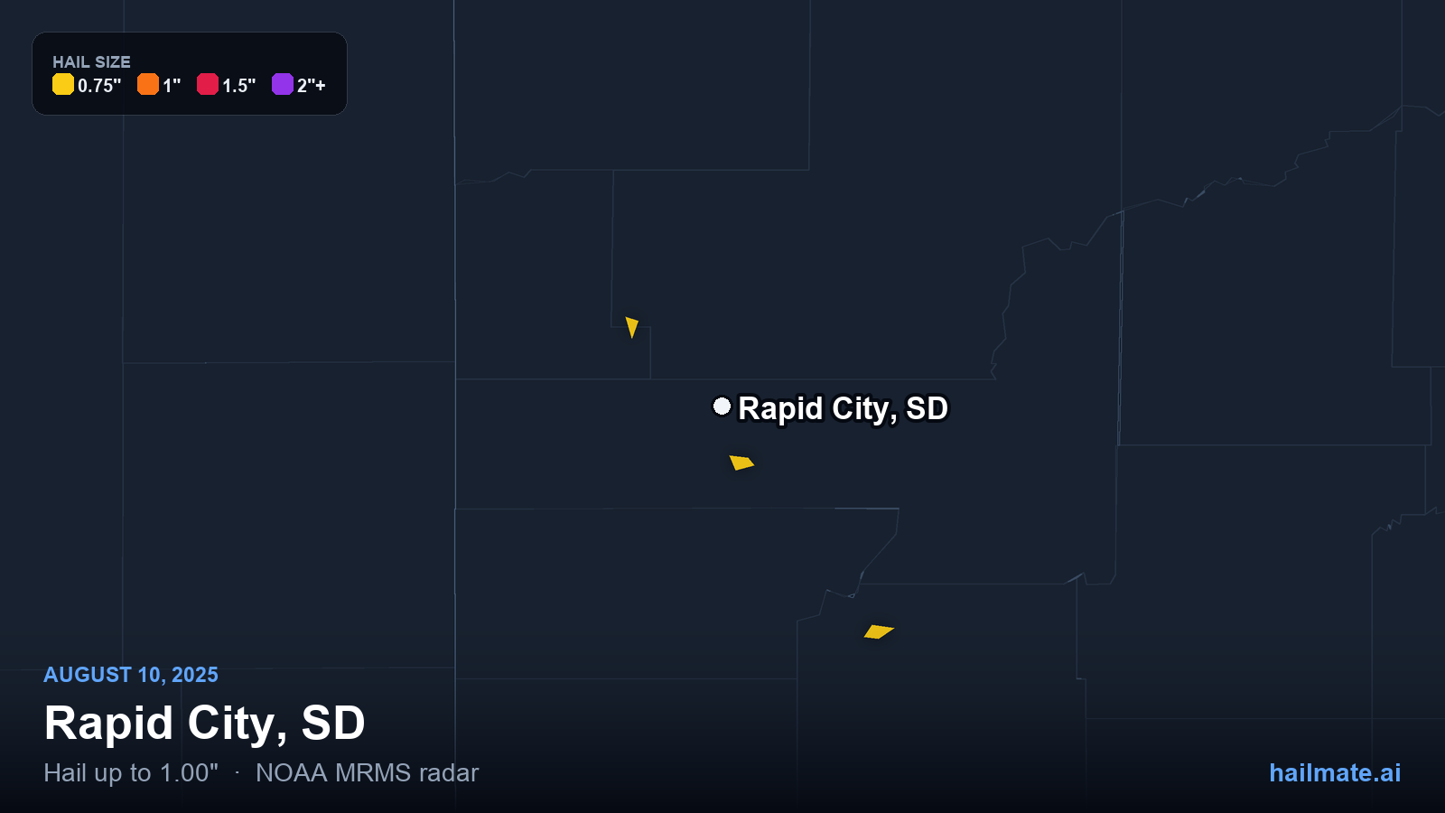 Hail swath map for Rapid City, SD on August 10, 2025 showing 1.00 inch hail.