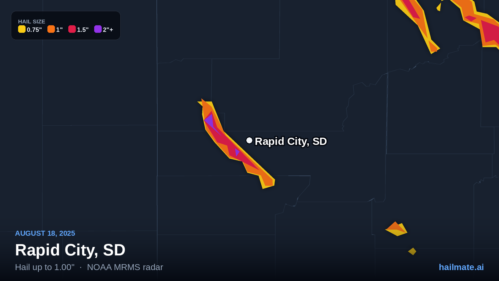 Hail swath map for Rapid City, SD on August 18, 2025 showing 1.00 inch hail.