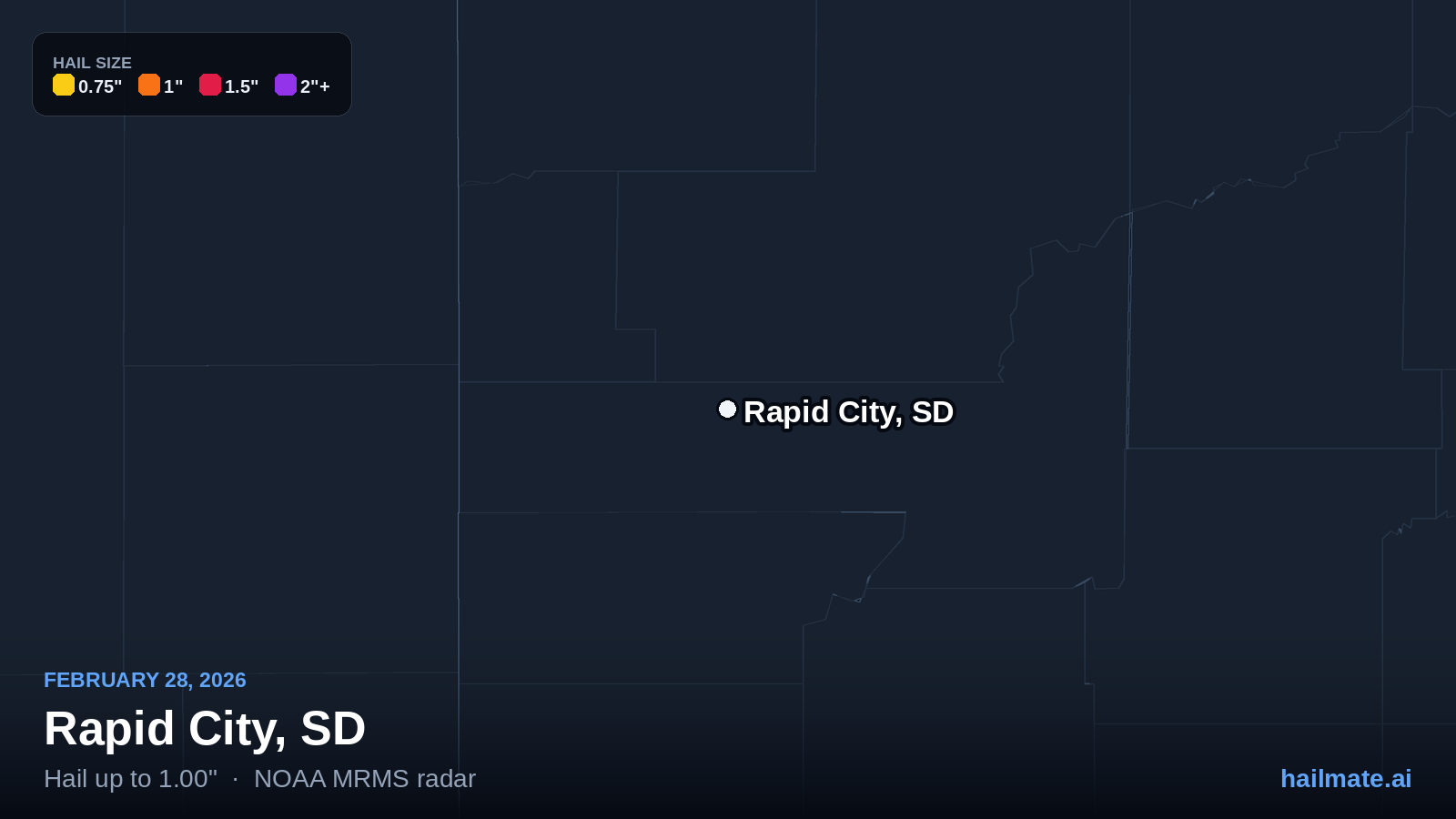 Hail swath map for Rapid City, SD on February 28, 2026 showing 1.00 inch hail.