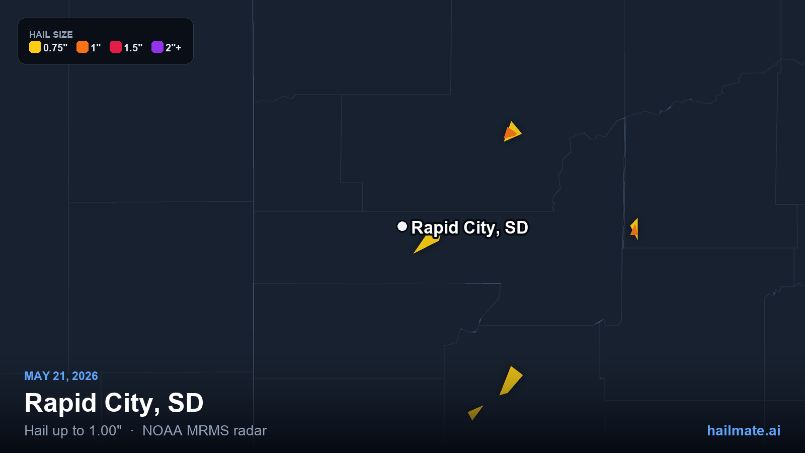 Hail swath map for Rapid City, SD on May 21, 2026 showing 1.00 inch hail.