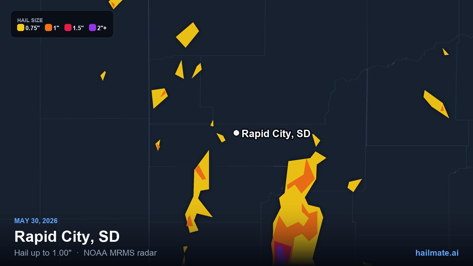 Hail swath map for Rapid City, SD on May 30, 2026 showing 1.00 inch hail.
