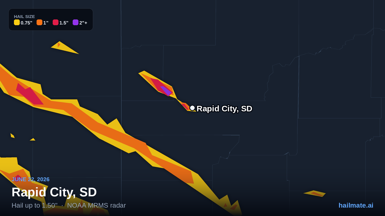 Hail swath map for Rapid City, SD on June 22, 2026 showing 1.50 inch hail.