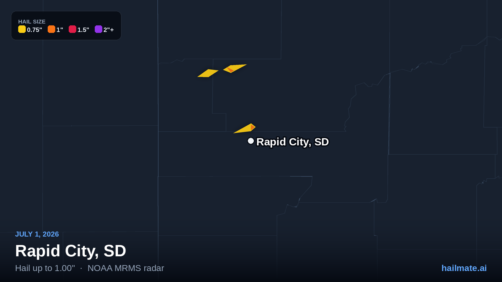 Hail swath map for Rapid City, SD on July 1, 2026 showing 1.00 inch hail.