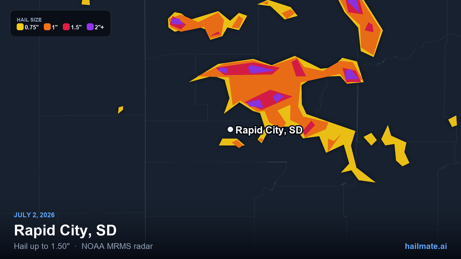 Hail swath map for Rapid City, SD on July 2, 2026 showing 1.50 inch hail.