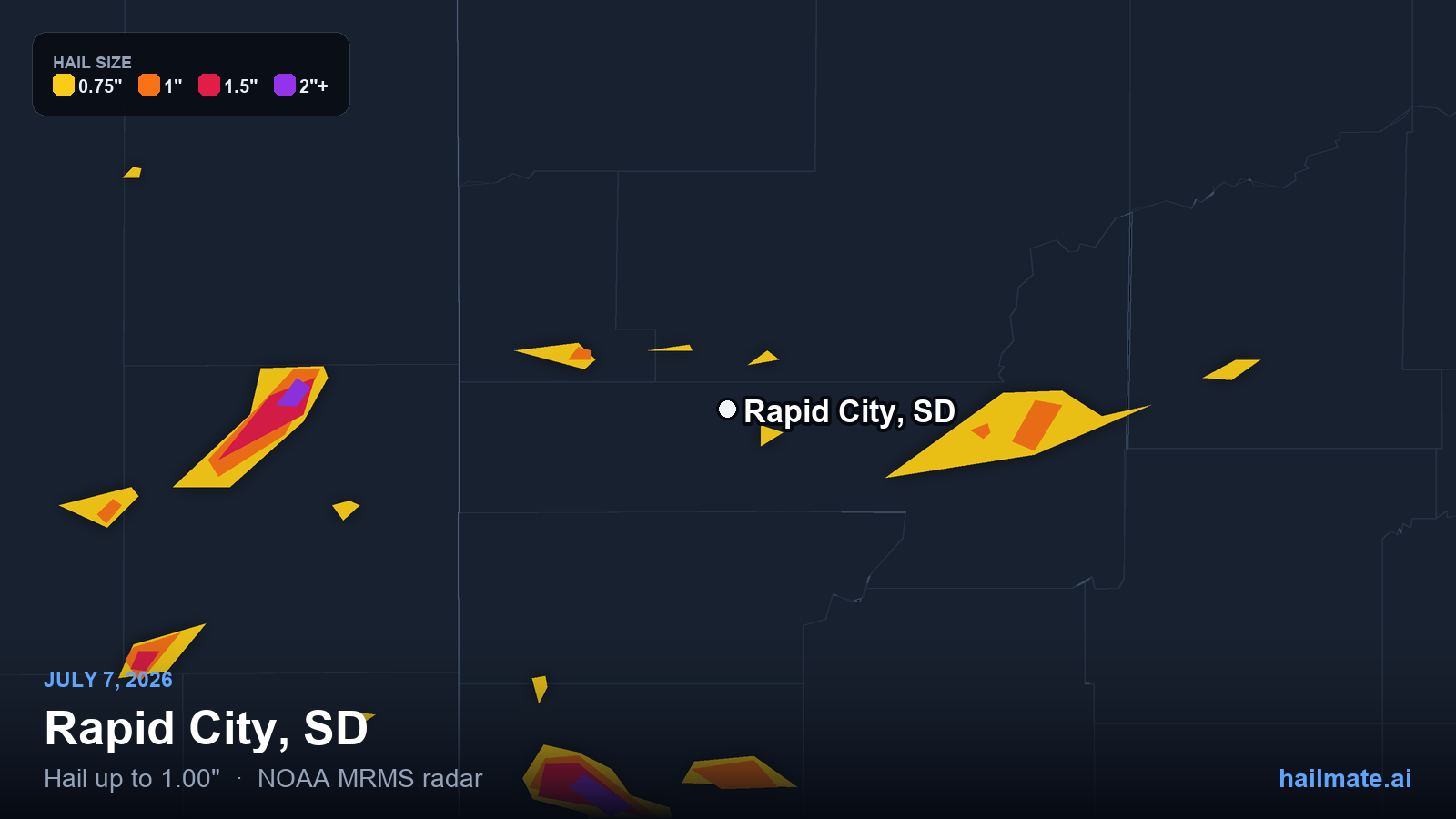 Hail swath map for Rapid City, SD on July 7, 2026 showing 1.00 inch hail.