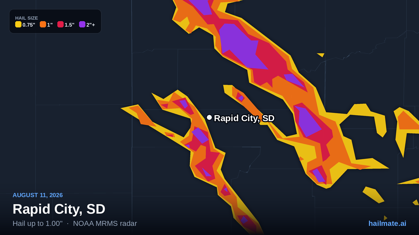 Hail swath map for Rapid City, SD on August 11, 2026 showing 1.00 inch hail.
