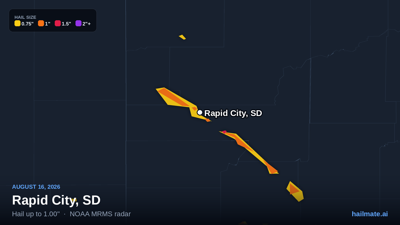 Hail swath map for Rapid City, SD on August 16, 2026 showing 1.00 inch hail.