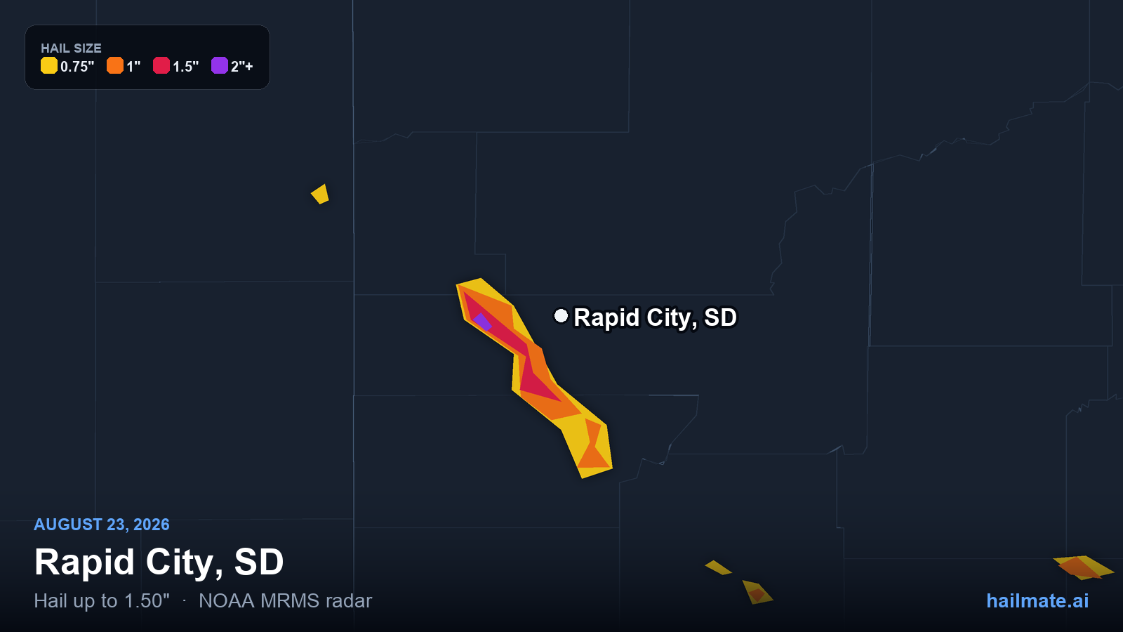Hail swath map for Rapid City, SD on August 23, 2026 showing 1.50 inch hail.