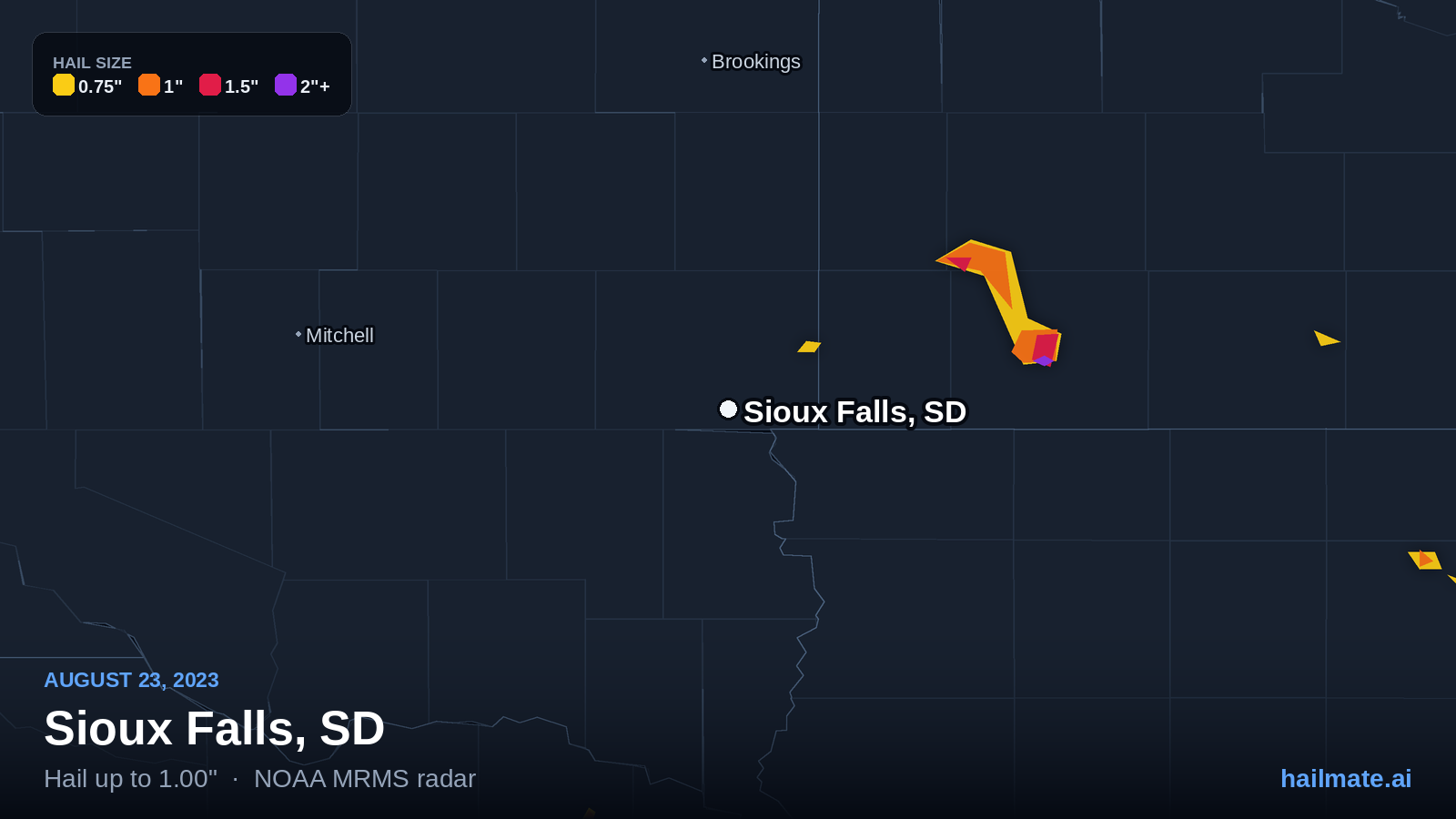 Hail swath map for Sioux Falls, SD on August 23, 2023 showing 1.00 inch hail.