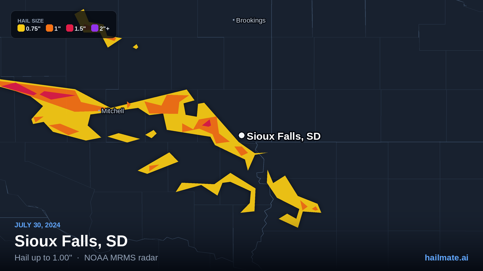 Hail swath map for Sioux Falls, SD on July 30, 2024 showing 1.00 inch hail.