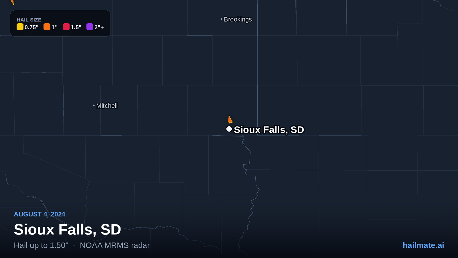 Hail swath map for Sioux Falls, SD on August 4, 2024 showing 1.50 inch hail.
