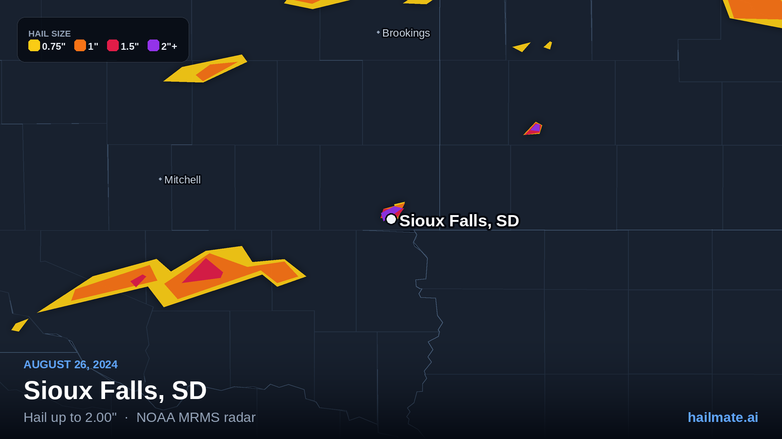 Hail swath map for Sioux Falls, SD on August 26, 2024 showing 2.00 inch hail.