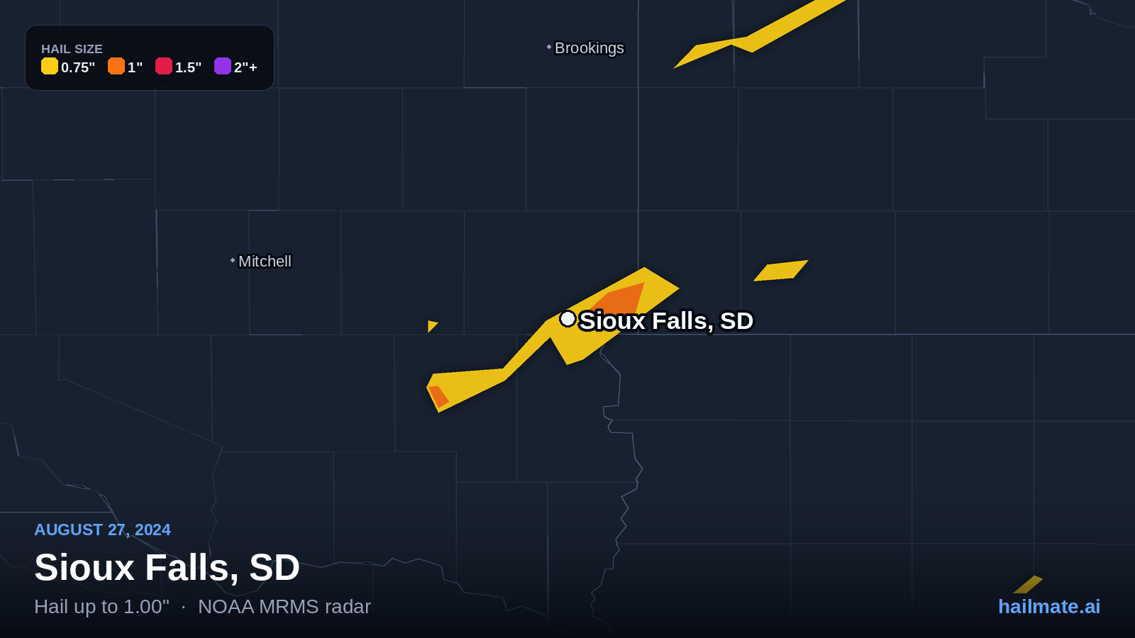 Hail swath map for Sioux Falls, SD on August 27, 2024 showing 1.00 inch hail.