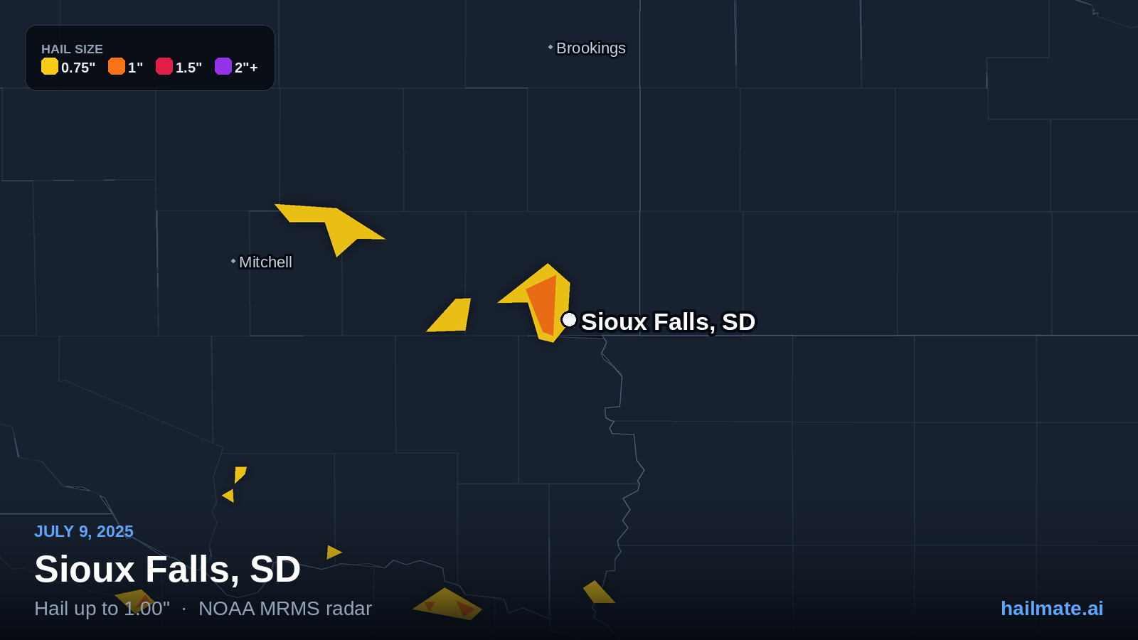Hail swath map for Sioux Falls, SD on July 9, 2025 showing 1.00 inch hail.