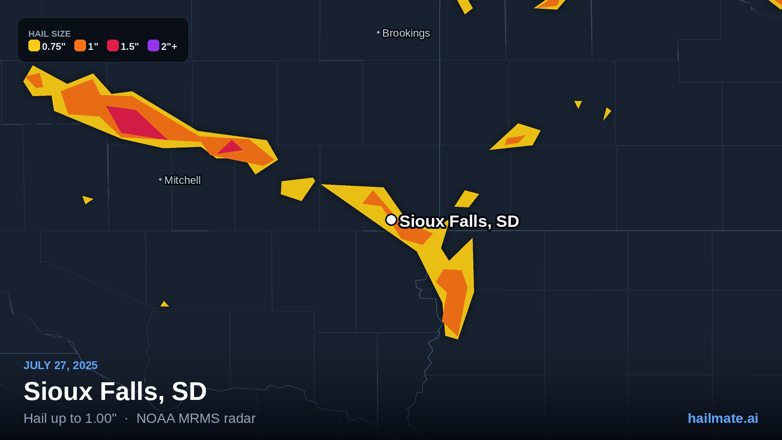 Hail swath map for Sioux Falls, SD on July 27, 2025 showing 1.00 inch hail.