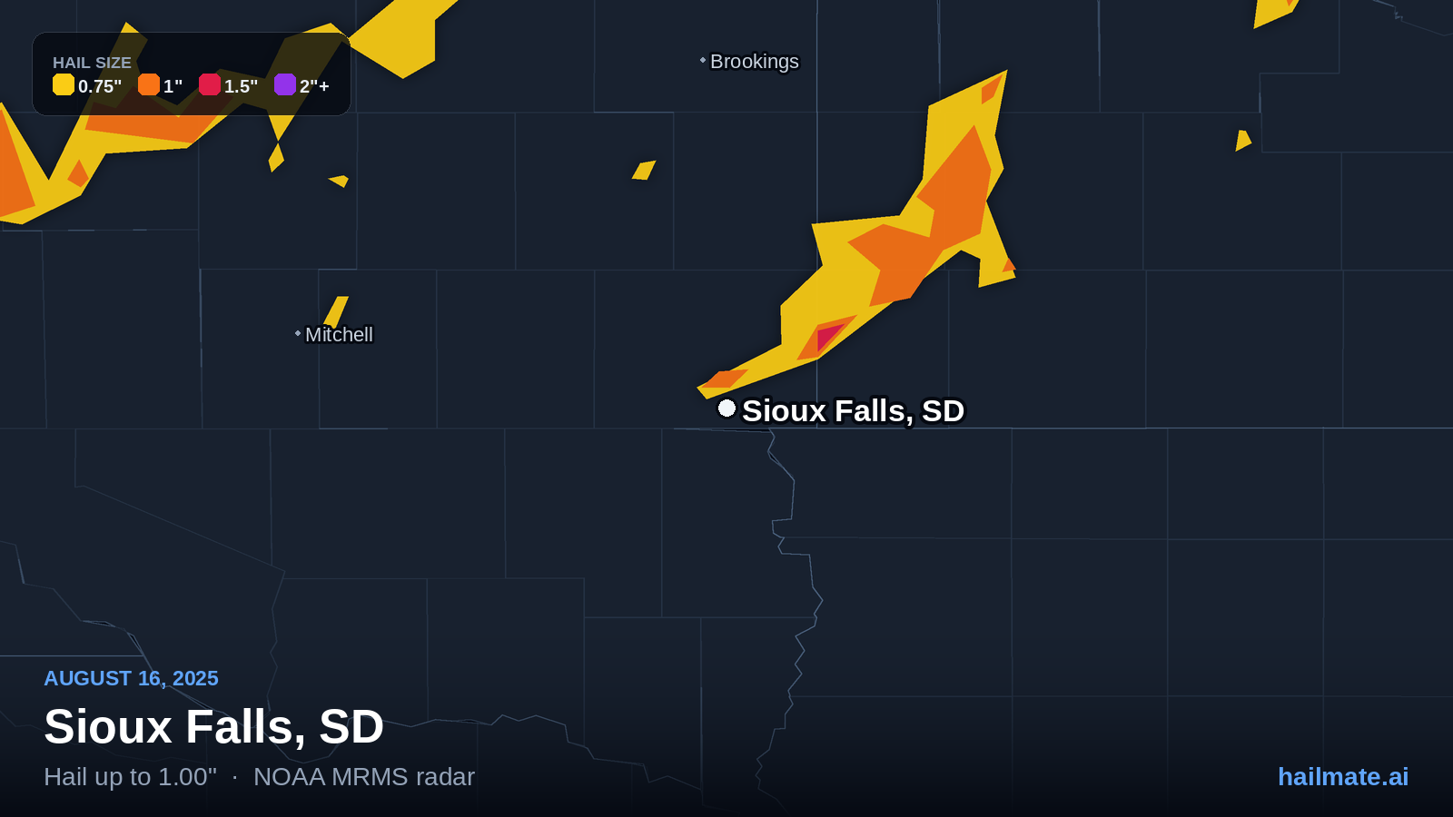 Hail swath map for Sioux Falls, SD on August 16, 2025 showing 1.00 inch hail.