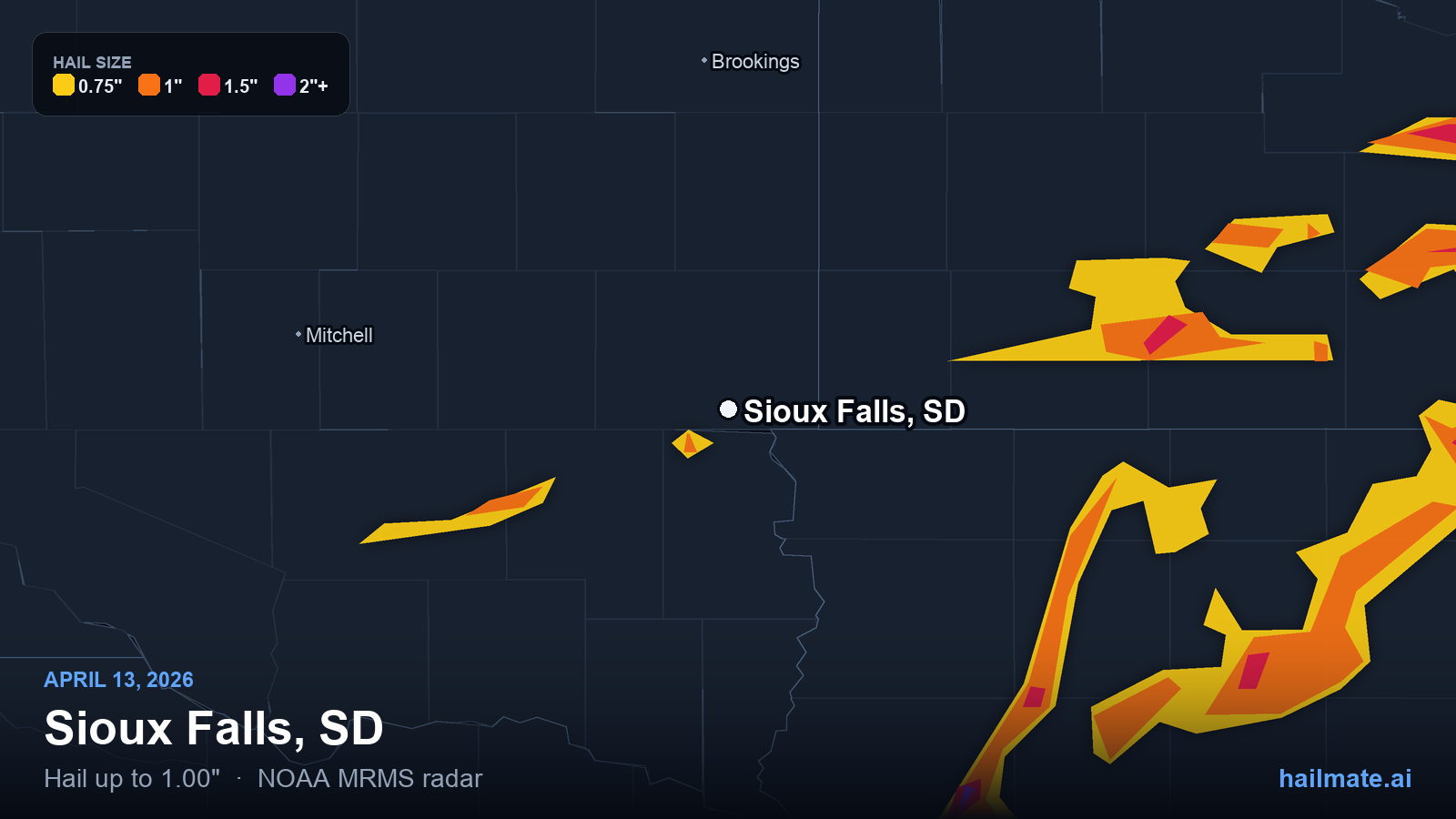 Hail swath map for Sioux Falls, SD on April 13, 2026 showing 1.00 inch hail.