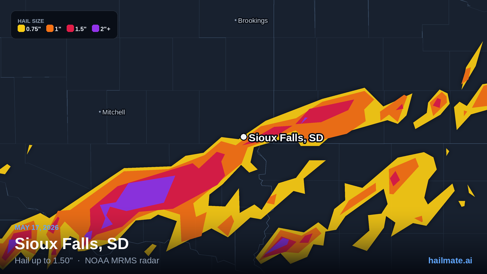 Hail swath map for Sioux Falls, SD on May 17, 2026 showing 1.50 inch hail.
