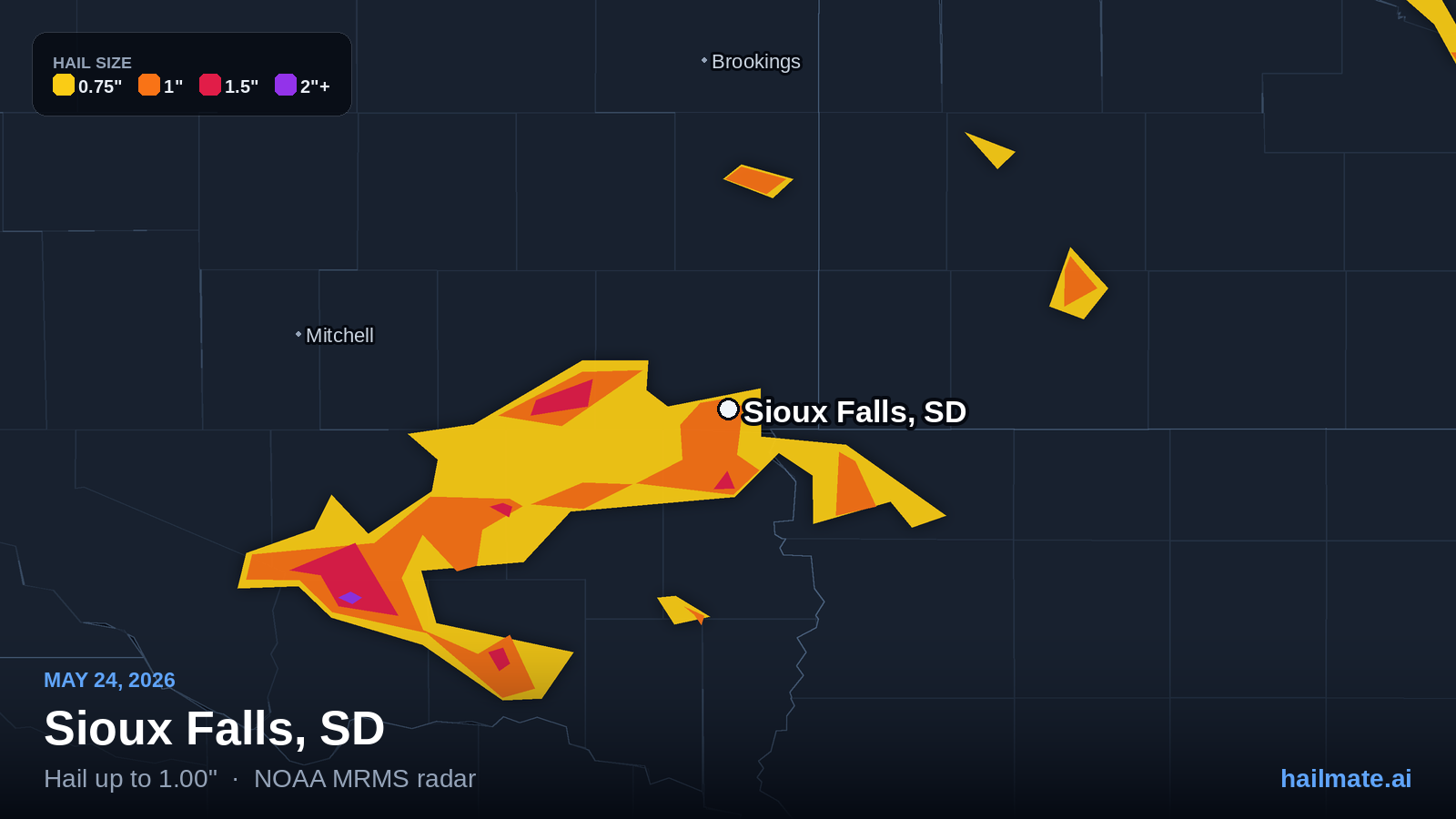 Hail swath map for Sioux Falls, SD on May 24, 2026 showing 1.00 inch hail.