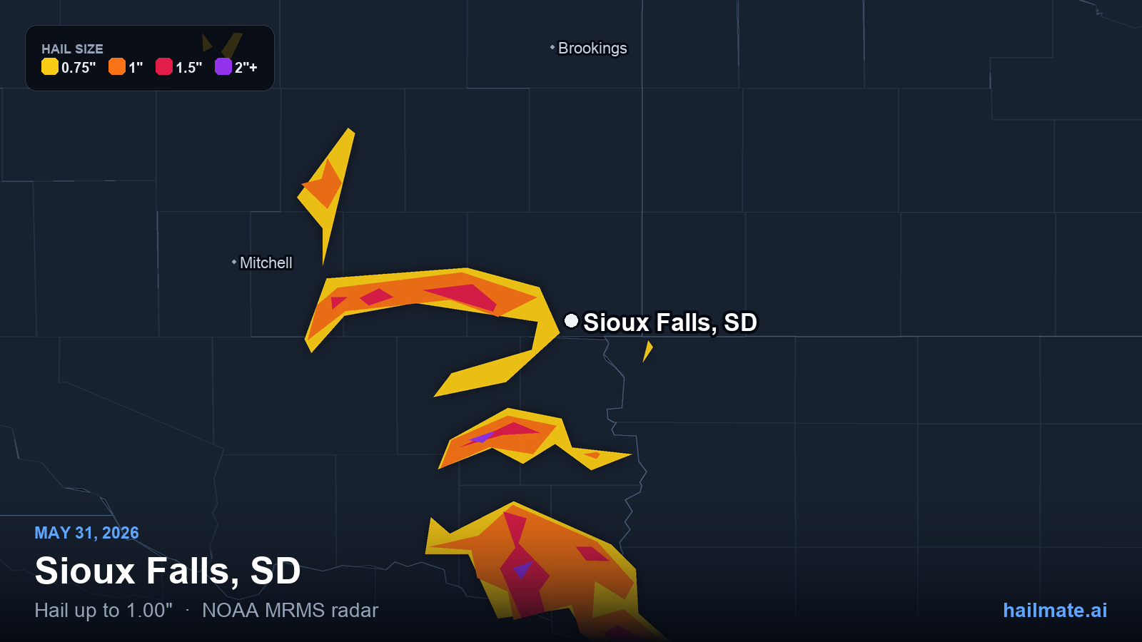 Hail swath map for Sioux Falls, SD on May 31, 2026 showing 1.00 inch hail.