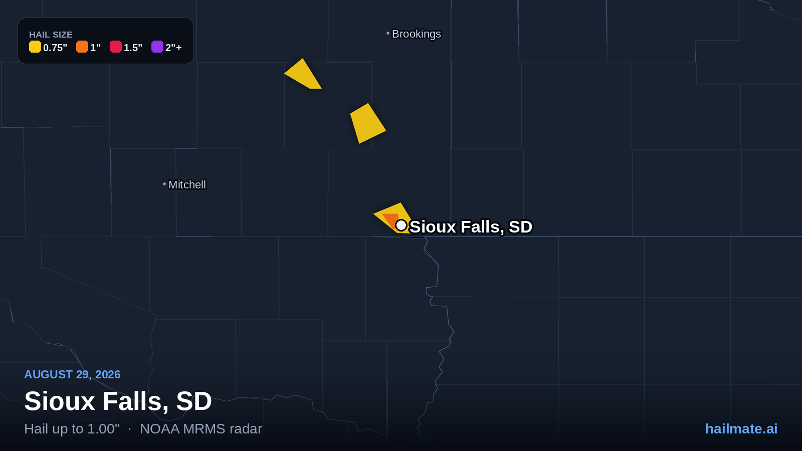 Hail swath map for Sioux Falls, SD on August 29, 2026 showing 1.00 inch hail.