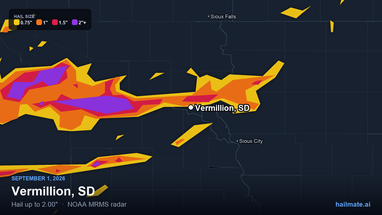 Hail swath map for Vermillion, SD on September 1, 2026 showing 2.00 inch hail.