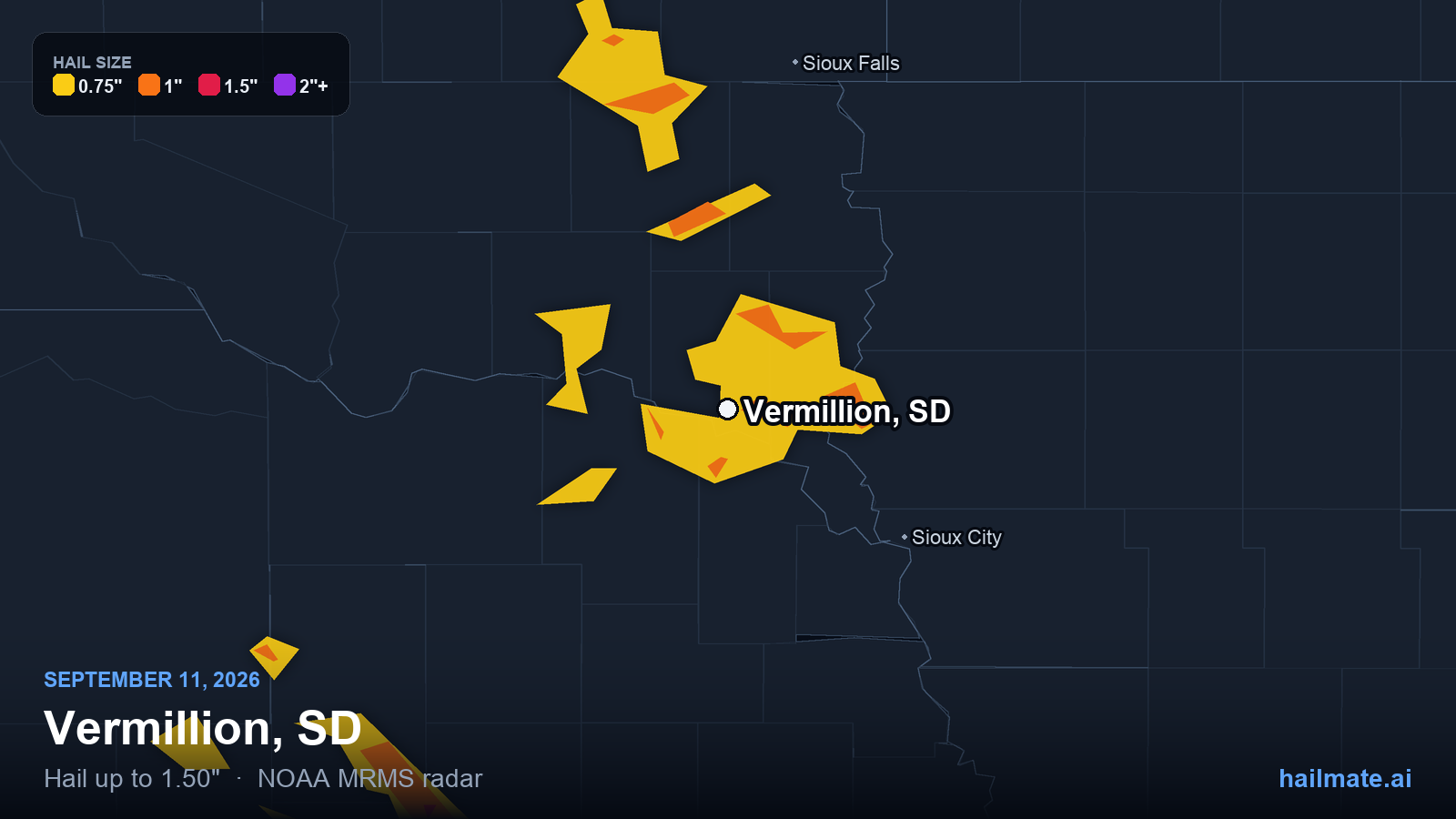 Hail swath map for Vermillion, SD on September 11, 2026 showing 1.50 inch hail.