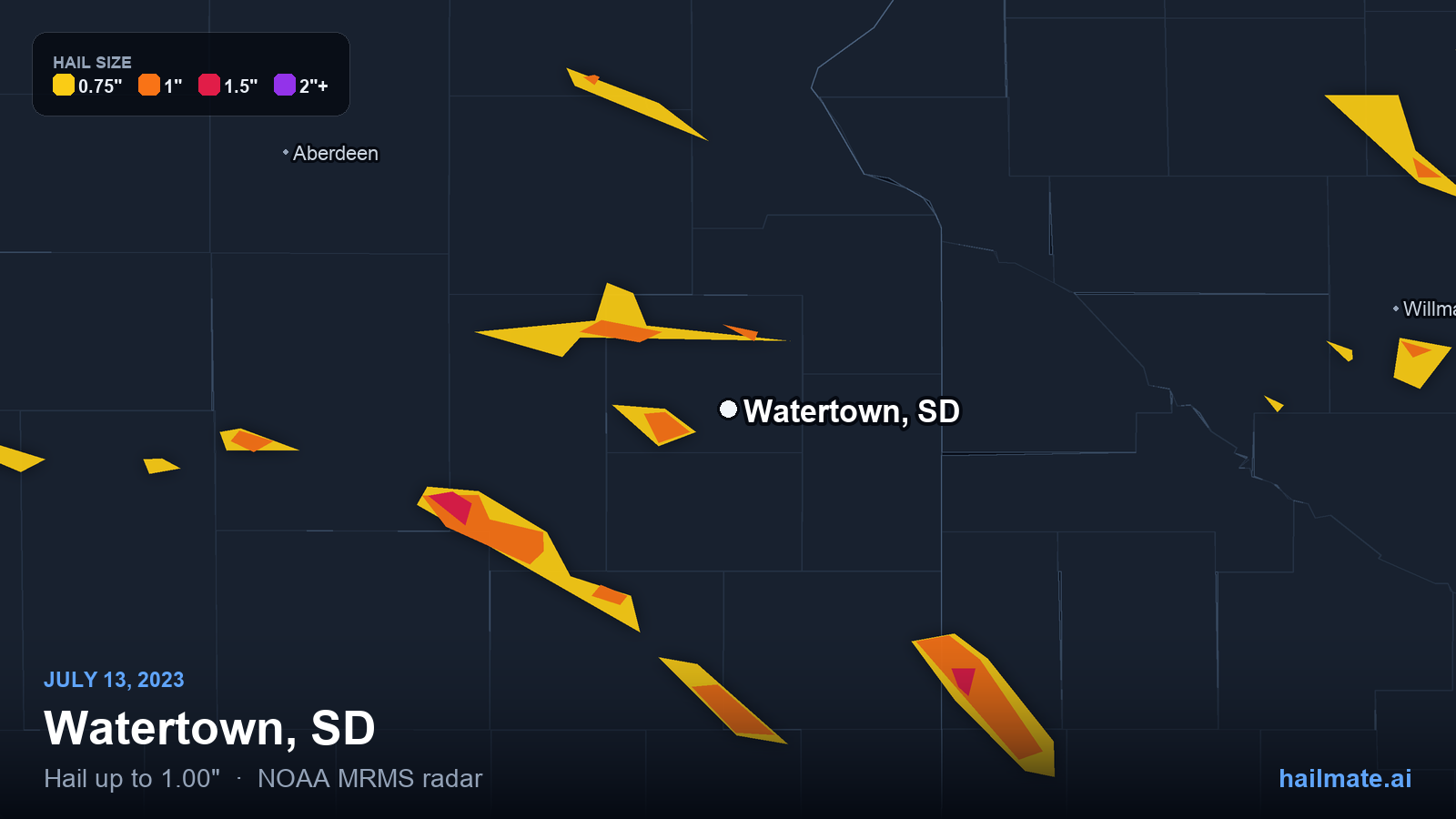 Hail swath map for Watertown, SD on July 13, 2023 showing 1.00 inch hail.