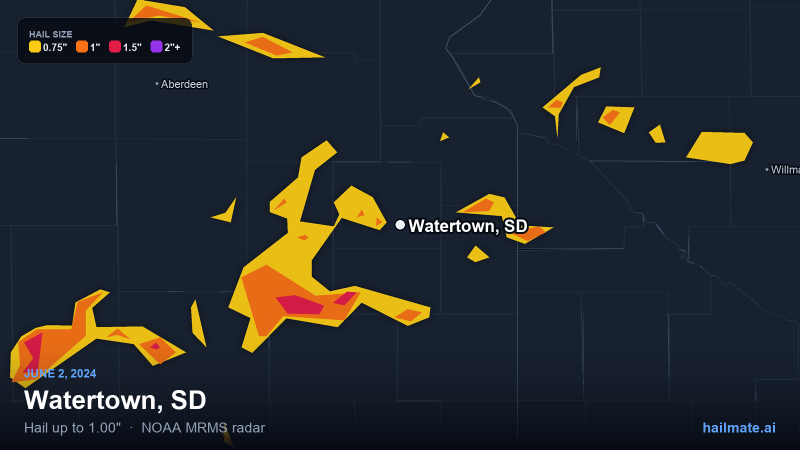 Hail swath map for Watertown, SD on June 2, 2024 showing 1.00 inch hail.