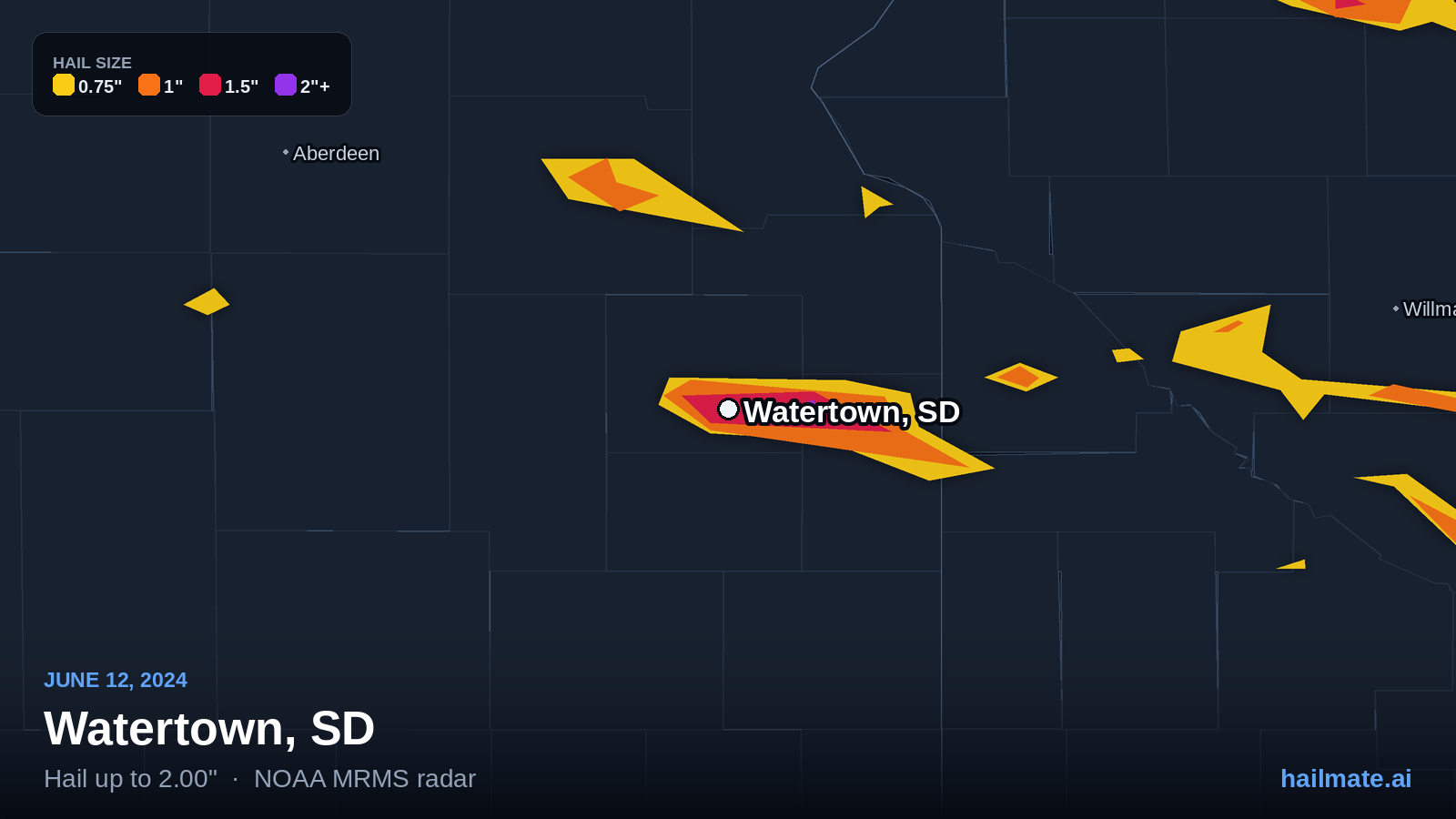 Hail swath map for Watertown, SD on June 12, 2024 showing 2.00 inch hail.