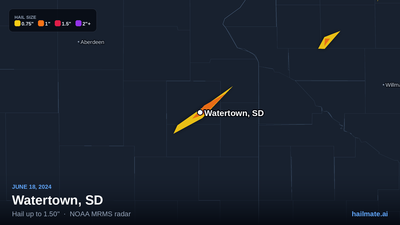 Hail swath map for Watertown, SD on June 18, 2024 showing 1.50 inch hail.