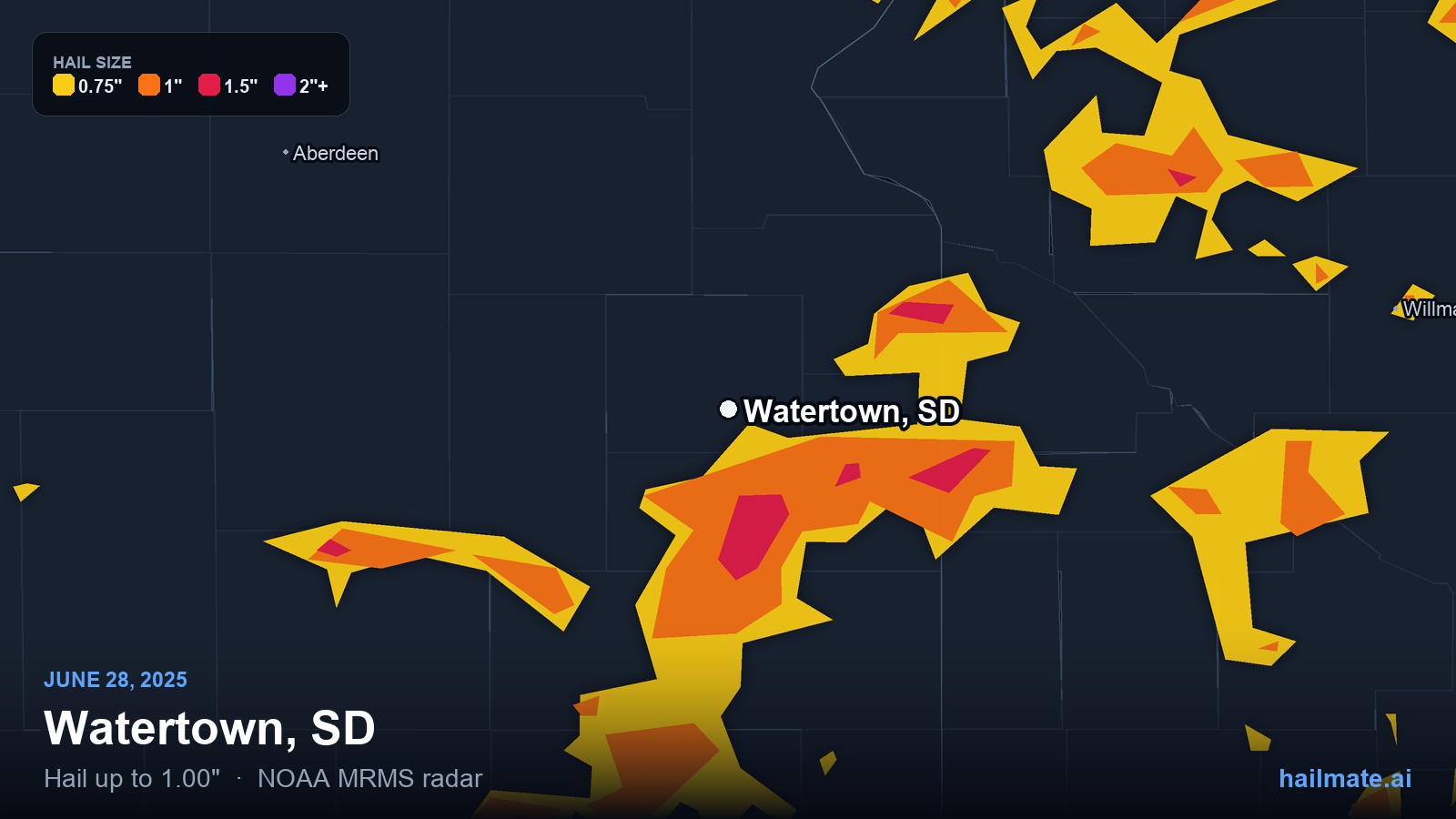 Hail swath map for Watertown, SD on June 28, 2025 showing 1.00 inch hail.