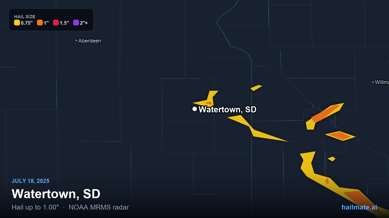 Hail swath map for Watertown, SD on July 18, 2025 showing 1.00 inch hail.