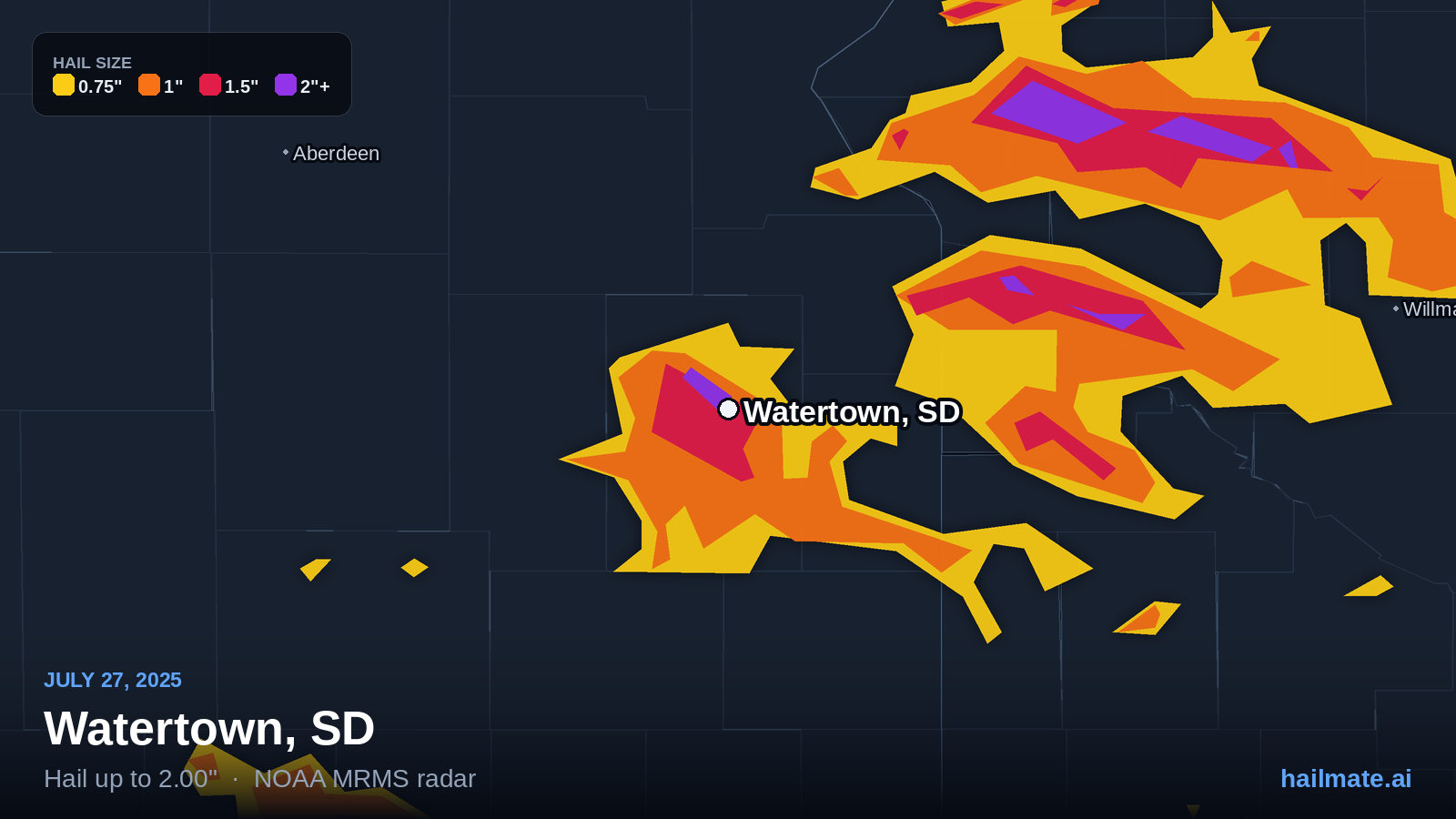 Hail swath map for Watertown, SD on July 27, 2025 showing 2.00 inch hail.