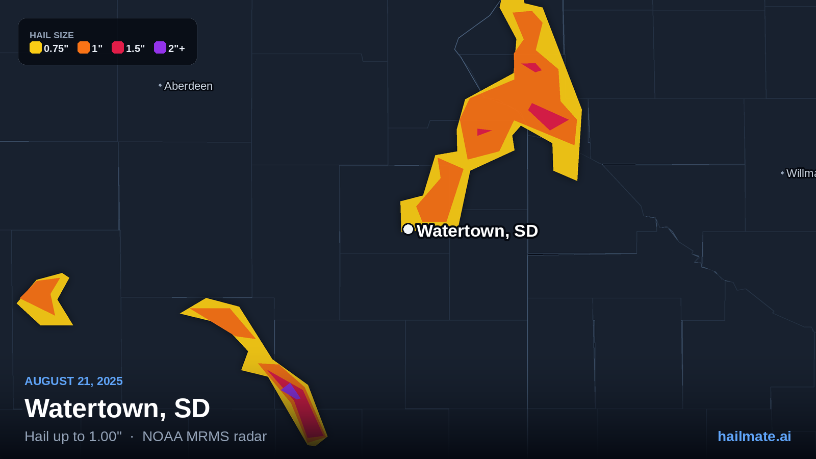 Hail swath map for Watertown, SD on August 21, 2025 showing 1.00 inch hail.