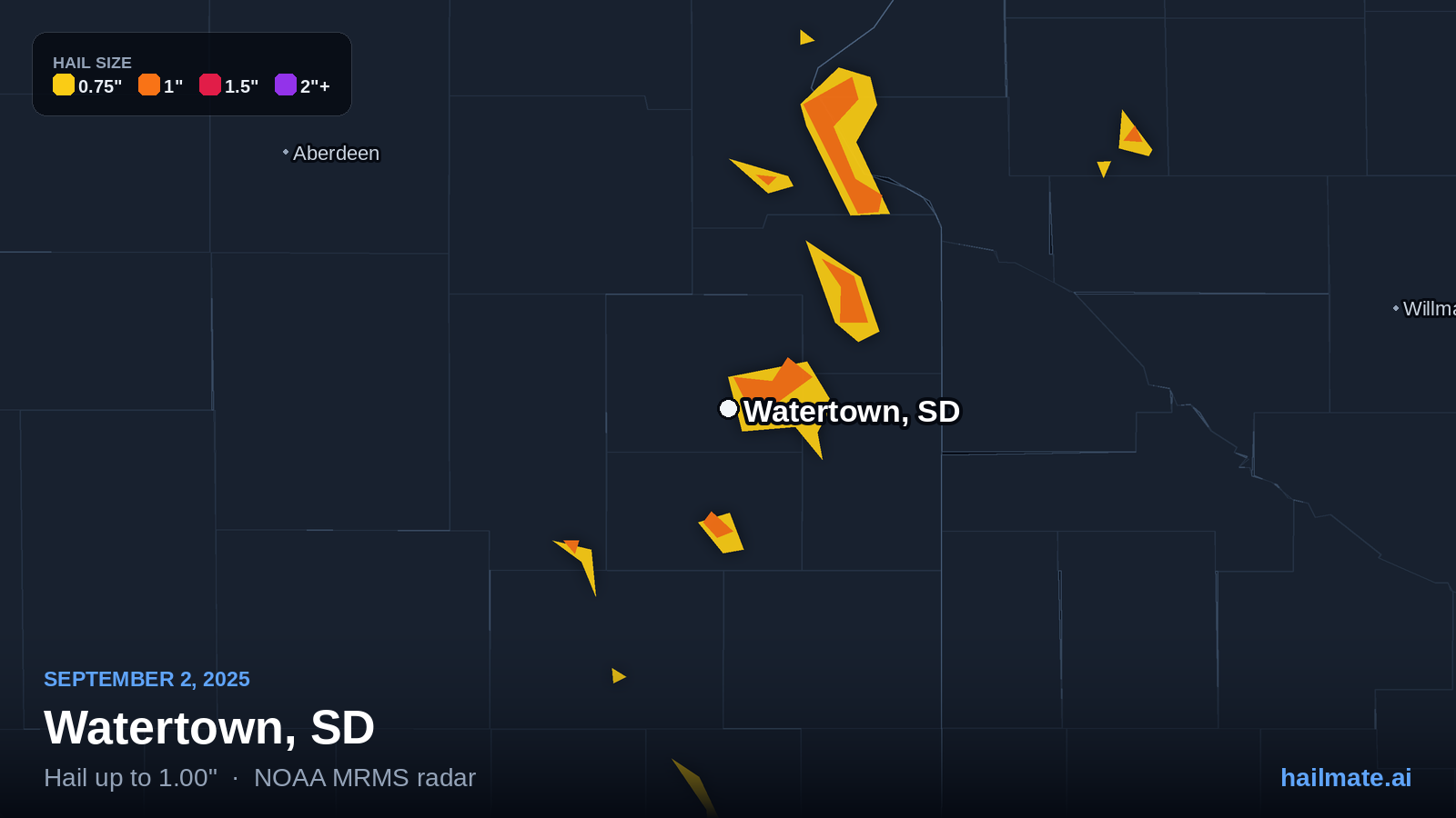 Hail swath map for Watertown, SD on September 2, 2025 showing 1.00 inch hail.