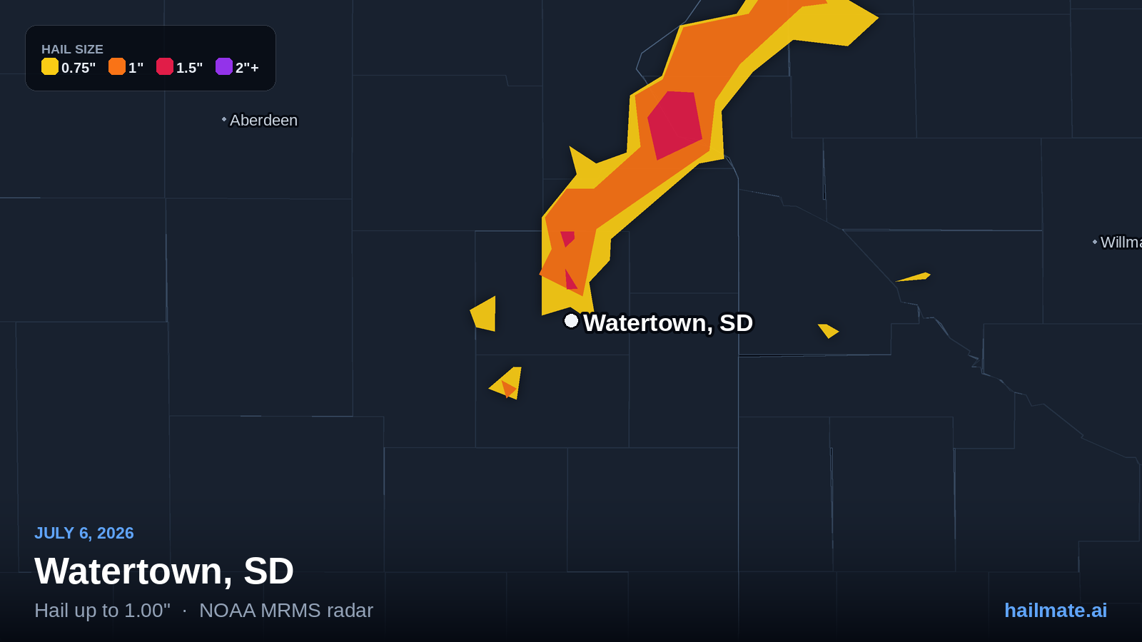Hail swath map for Watertown, SD on July 6, 2026 showing 1.00 inch hail.