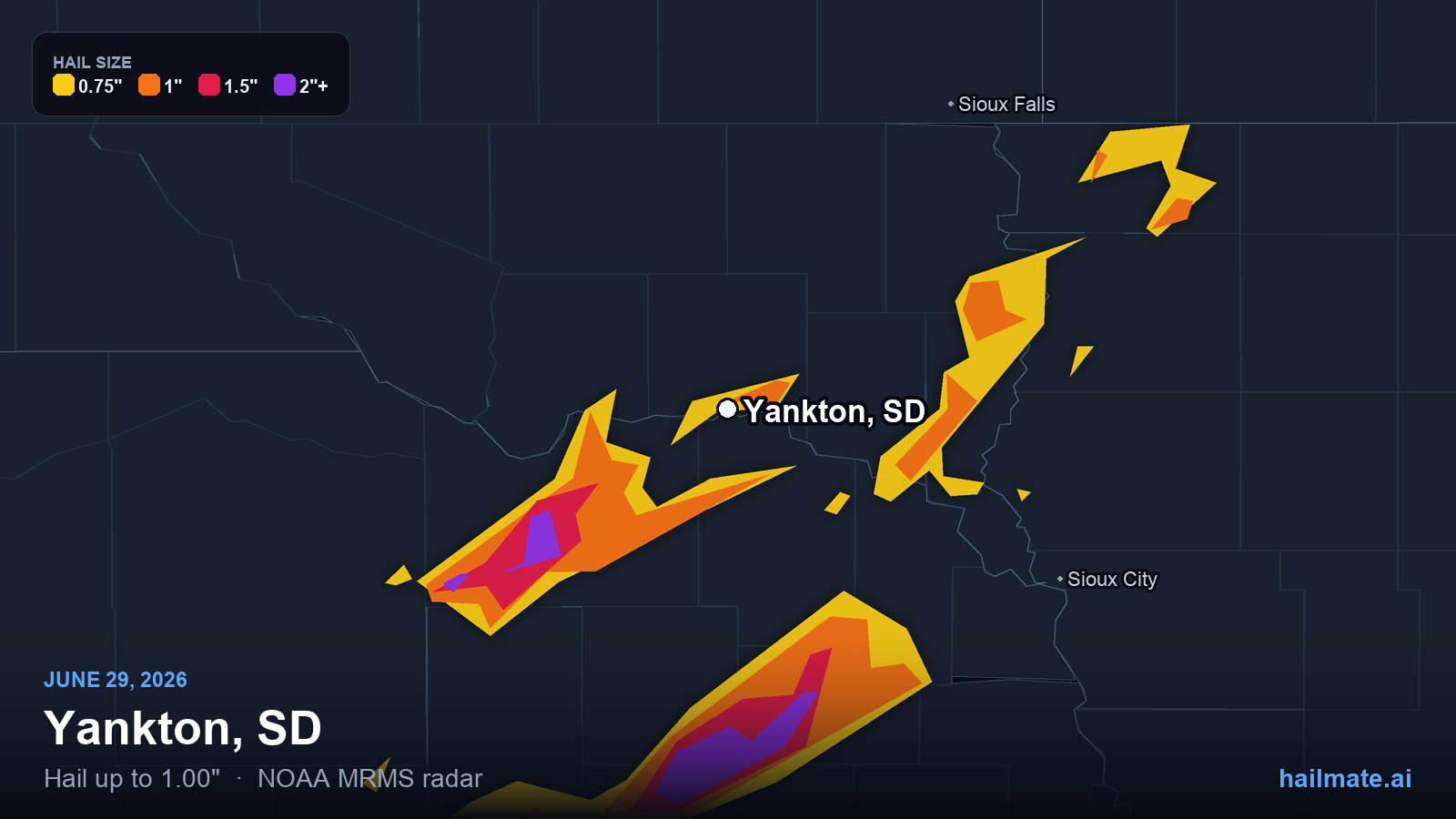 Hail swath map for Yankton, SD on June 29, 2026 showing 1.00 inch hail.