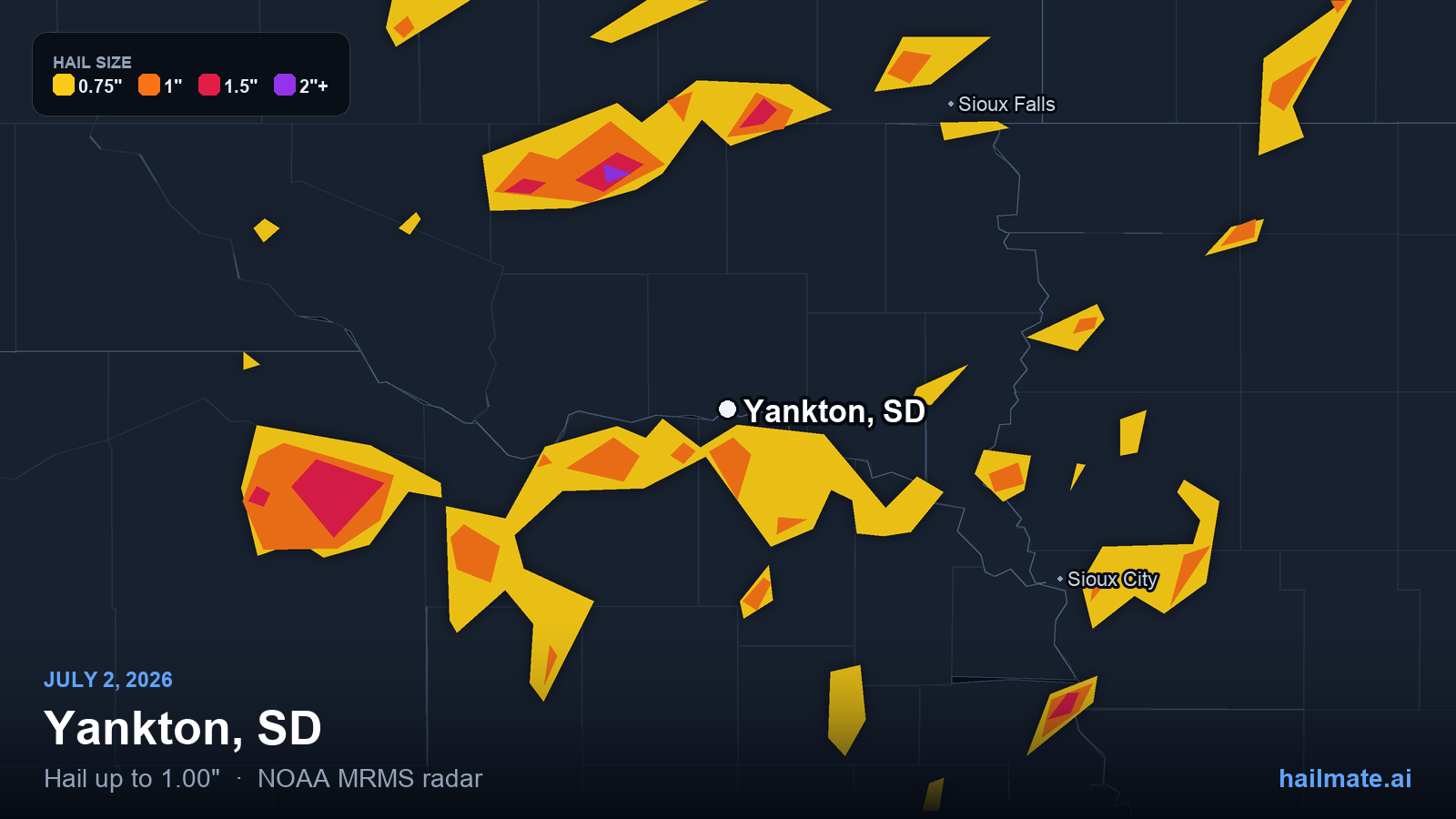 Hail swath map for Yankton, SD on July 2, 2026 showing 1.00 inch hail.