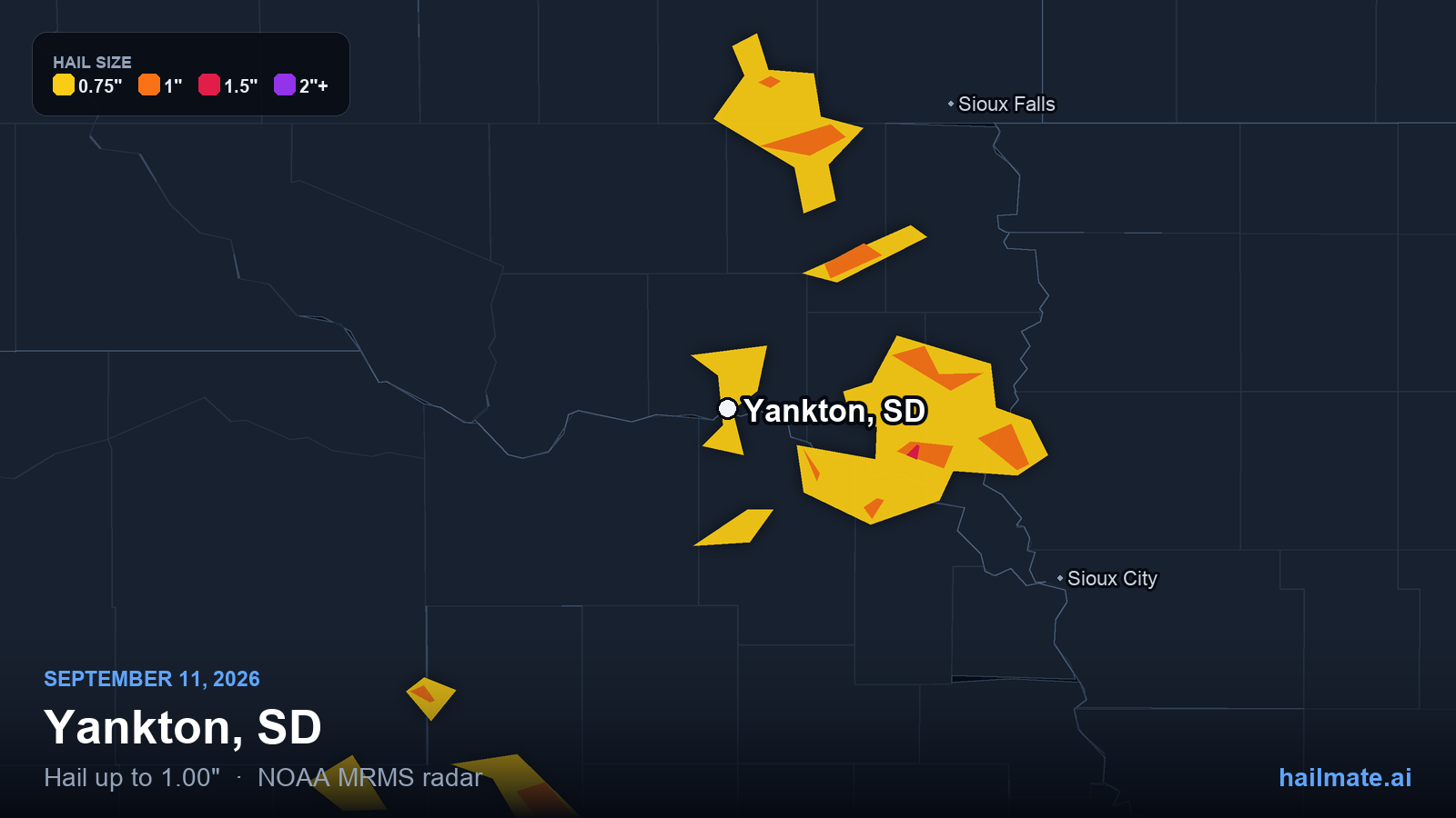 Hail swath map for Yankton, SD on September 11, 2026 showing 1.00 inch hail.