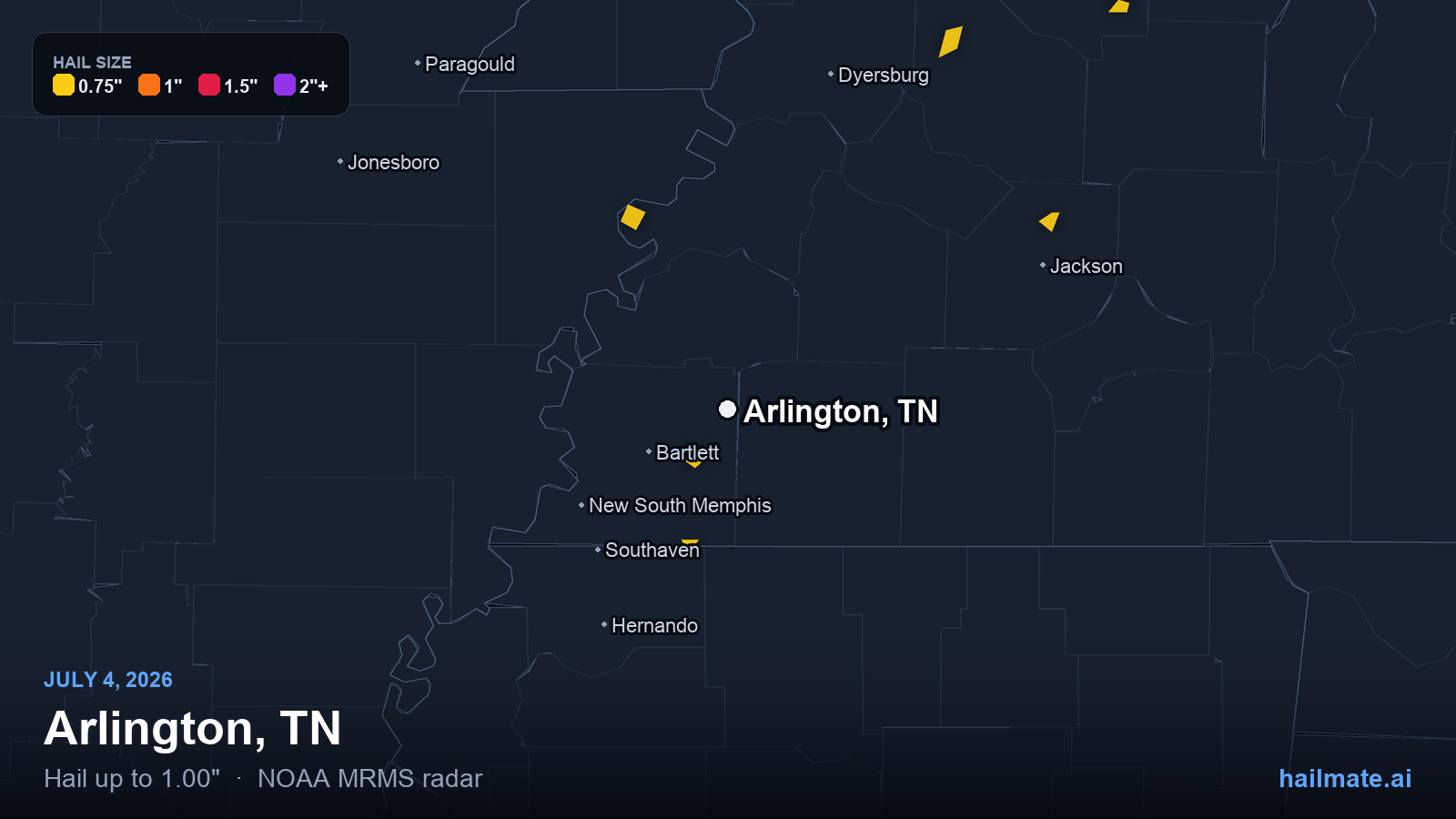 Hail swath map for Arlington, TN on July 4, 2026 showing 1.00 inch hail.