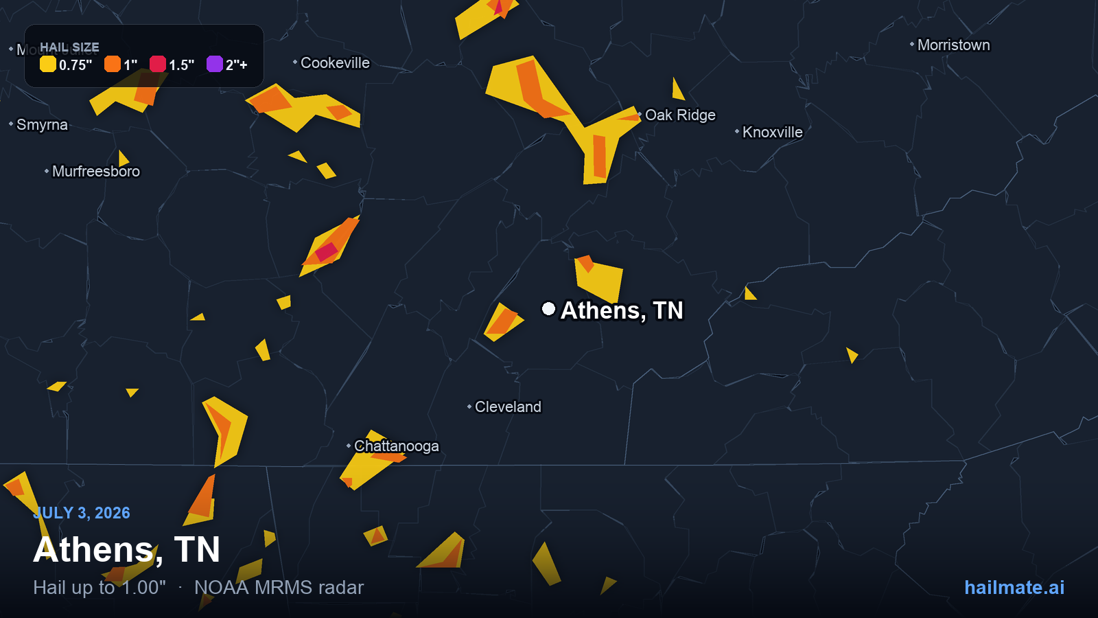 Hail swath map for Athens, TN on July 3, 2026 showing 1.00 inch hail.