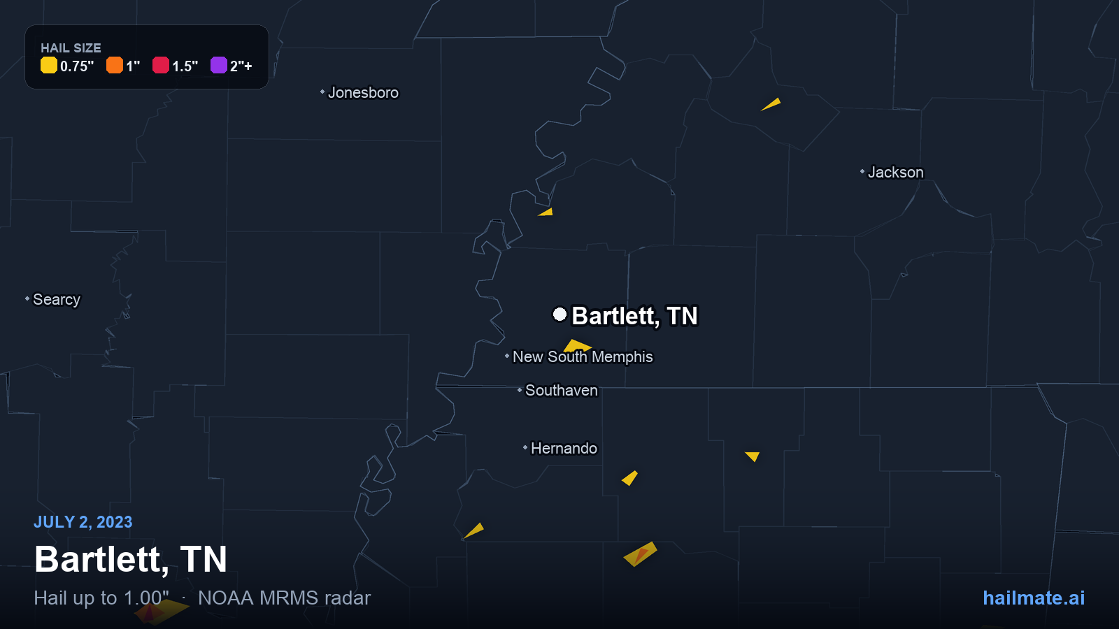 Hail swath map for Bartlett, TN on July 2, 2023 showing 1.00 inch hail.