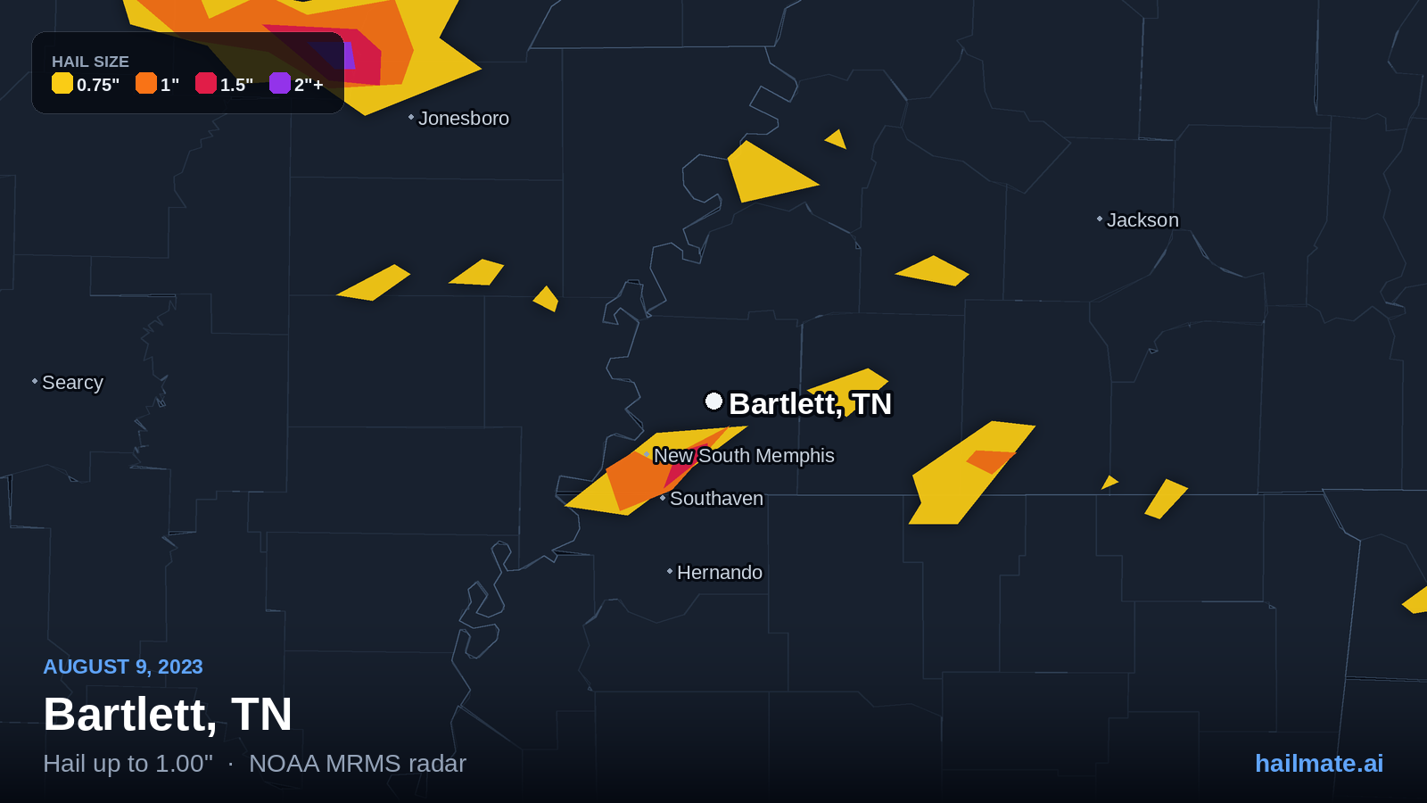 Hail swath map for Bartlett, TN on August 9, 2023 showing 1.00 inch hail.