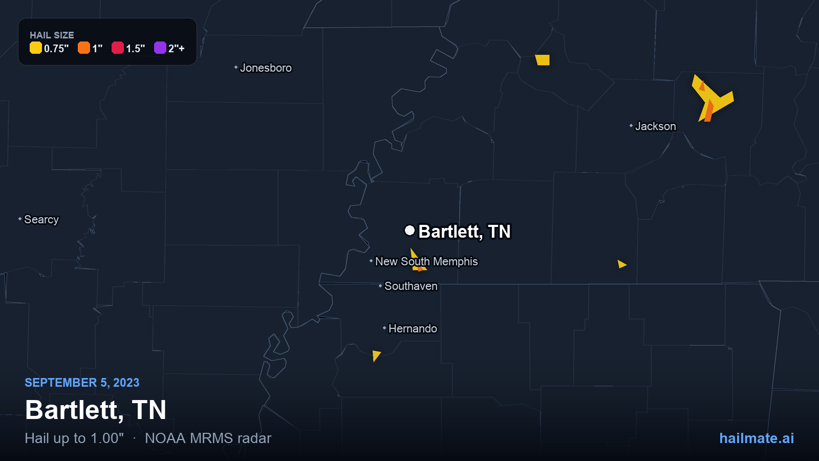 Hail swath map for Bartlett, TN on September 5, 2023 showing 1.00 inch hail.