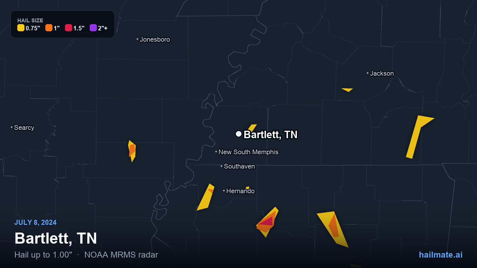 Hail swath map for Bartlett, TN on July 8, 2024 showing 1.00 inch hail.