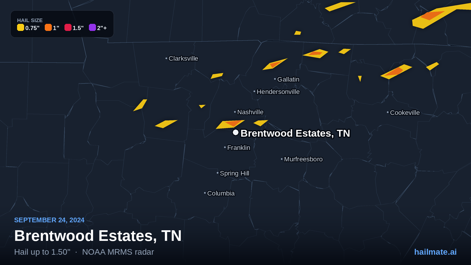 Hail swath map for Brentwood Estates, TN on September 24, 2024 showing 1.50 inch hail.