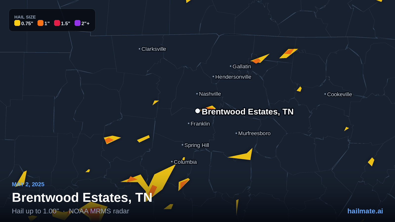 Hail swath map for Brentwood Estates, TN on May 2, 2025 showing 1.00 inch hail.